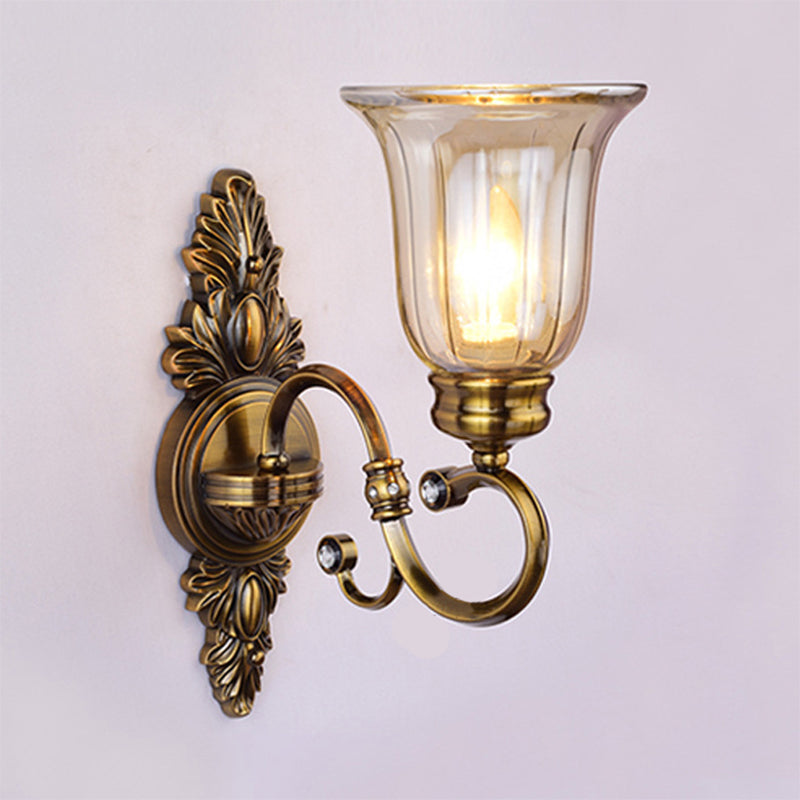 1/2-Light Clear Glass Wall Lamp Antique Bronze Bell Shade Living Room Sconce Light with Arched Arm 1.0 Bronze Clearhalo 'Wall Lamps & Sconces' 'Wall Lights' Lighting' 223443