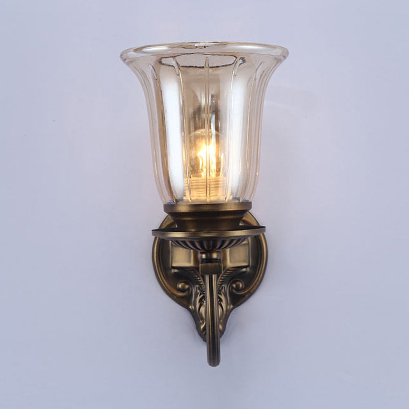 1/2-Light Clear Glass Wall Lamp Antique Bronze Bell Shade Living Room Sconce Light with Arched Arm Clearhalo 'Wall Lamps & Sconces' 'Wall Lights' Lighting' 223444