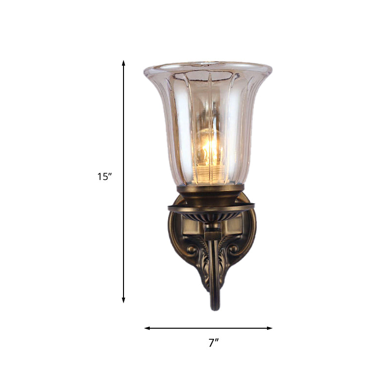 1/2-Light Clear Glass Wall Lamp Antique Bronze Bell Shade Living Room Sconce Light with Arched Arm Clearhalo 'Wall Lamps & Sconces' 'Wall Lights' Lighting' 223446