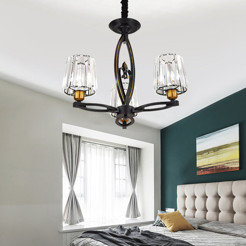 Tapered Crystal Block Ceiling Light Vintage 3/6 Lights Hanging Ceiling Light for Dining Room in Black 3 Black Clearhalo 'Ceiling Lights' 'Chandeliers' 'Modern Chandeliers' 'Modern' Lighting' 223453