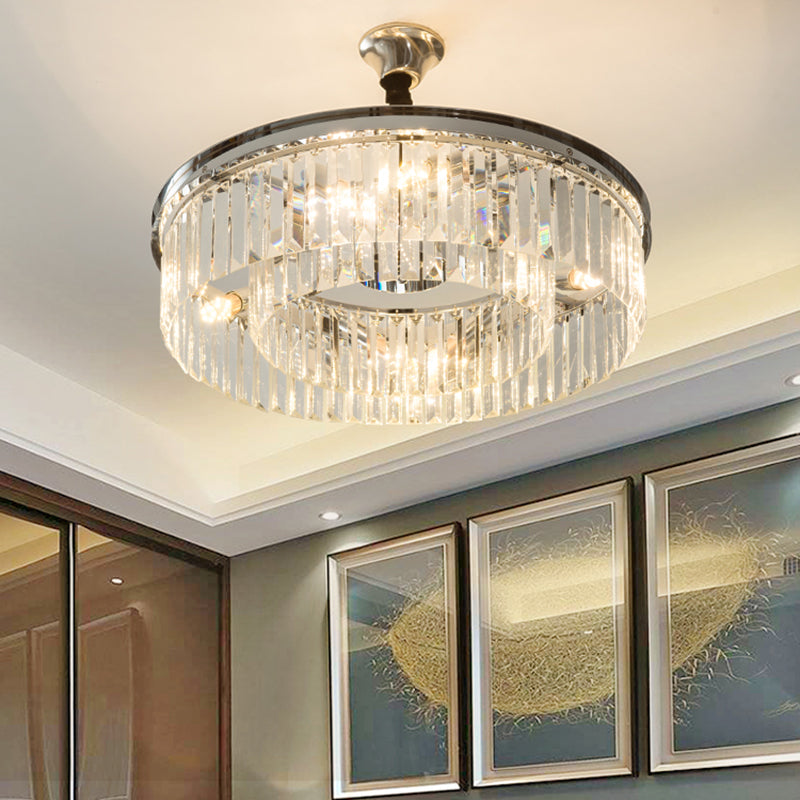 Simple Style Drum Crystal Block Chandelier Pendant Light 4/8 Lights Hanging Light Kit in Chrome, 18"/23" Wide Clearhalo 'Ceiling Lights' 'Chandeliers' 'Modern Chandeliers' 'Modern' Lighting' 223459