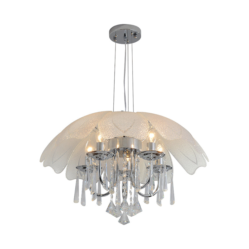 Modern Flower Chandelier Light Textured Glass Shade 5 Lights Chrome Ceiling Lamp with Crystal Drop Clearhalo 'Ceiling Lights' 'Chandeliers' 'Modern Chandeliers' 'Modern' Lighting' 223480