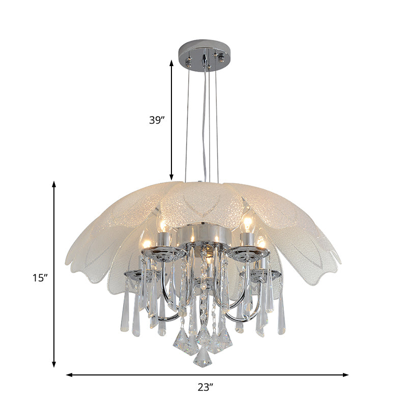 Modern Flower Chandelier Light Textured Glass Shade 5 Lights Chrome Ceiling Lamp with Crystal Drop Clearhalo 'Ceiling Lights' 'Chandeliers' 'Modern Chandeliers' 'Modern' Lighting' 223481