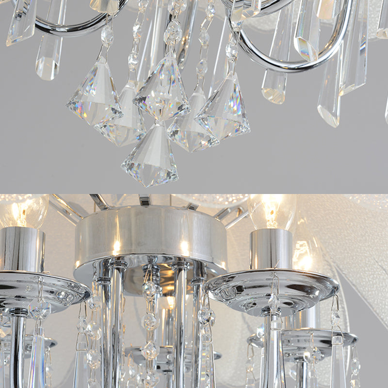 Modern Flower Chandelier Light Textured Glass Shade 5 Lights Chrome Ceiling Lamp with Crystal Drop Clearhalo 'Ceiling Lights' 'Chandeliers' 'Modern Chandeliers' 'Modern' Lighting' 223483