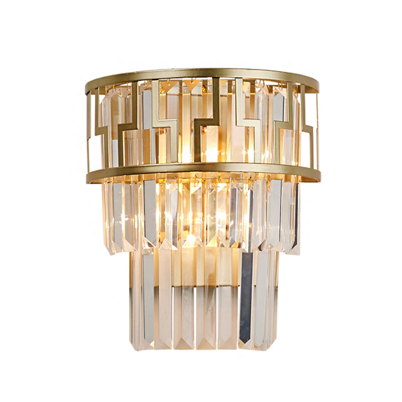 Modernism Layered Wall Lamp Clear Crystal 2 Lights Bedside Wall Sconce Fixture in Brass Clearhalo 'Modern wall lights' 'Modern' 'Wall Lamps & Sconces' 'Wall Lights' Lighting' 223486