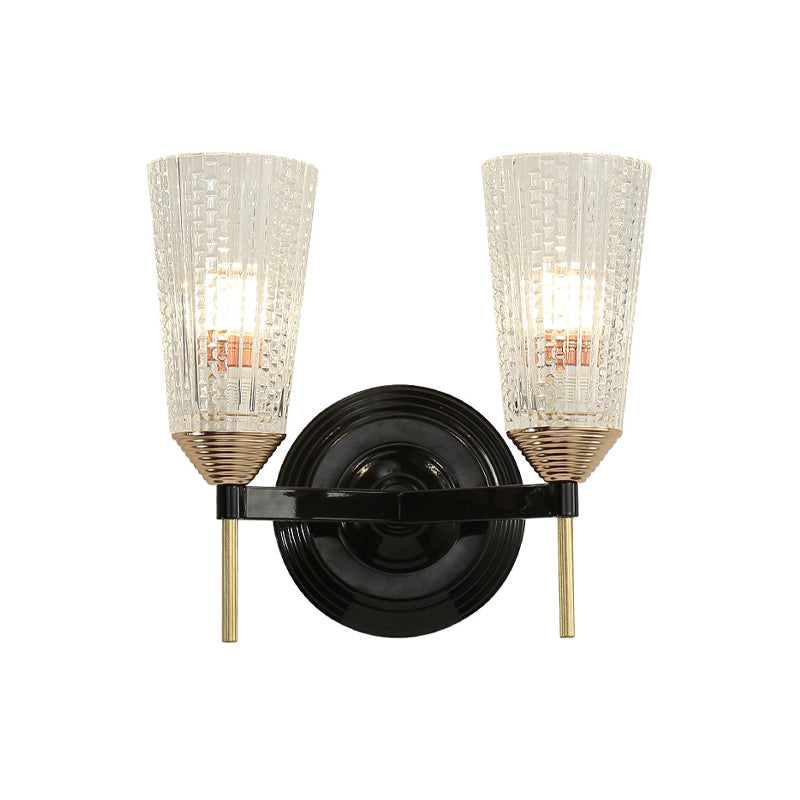 1/2-Light Wall Mounted Light Traditional Conical Clear Textured Glass Wall Sconce in Black for Foyer Clearhalo 'Wall Lamps & Sconces' 'Wall Lights' Lighting' 223505