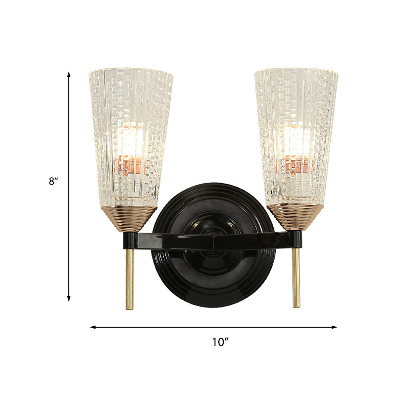 1/2-Light Wall Mounted Light Traditional Conical Clear Textured Glass Wall Sconce in Black for Foyer Clearhalo 'Wall Lamps & Sconces' 'Wall Lights' Lighting' 223506