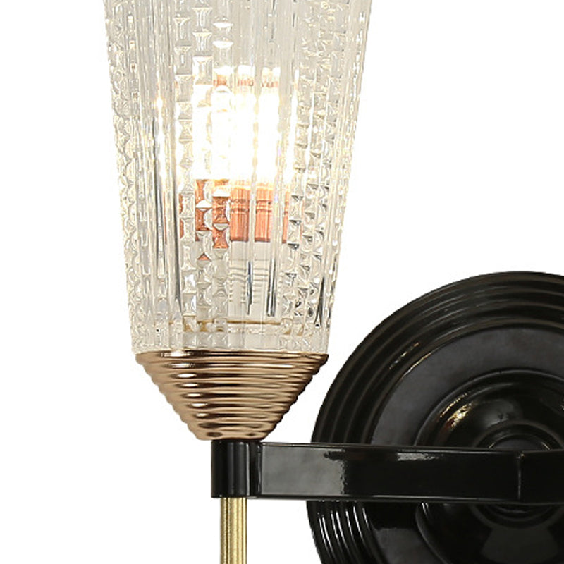 1/2-Light Wall Mounted Light Traditional Conical Clear Textured Glass Wall Sconce in Black for Foyer Clearhalo 'Wall Lamps & Sconces' 'Wall Lights' Lighting' 223507