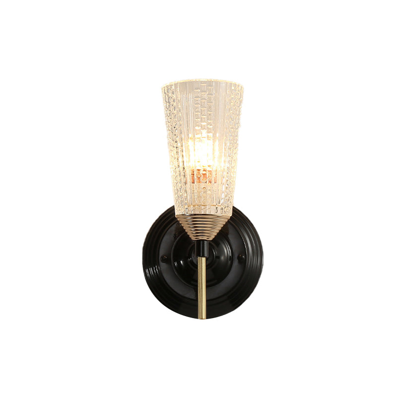 1/2-Light Wall Mounted Light Traditional Conical Clear Textured Glass Wall Sconce in Black for Foyer Clearhalo 'Wall Lamps & Sconces' 'Wall Lights' Lighting' 223510