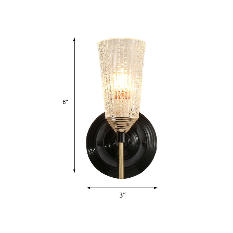 1/2-Light Wall Mounted Light Traditional Conical Clear Textured Glass Wall Sconce in Black for Foyer Clearhalo 'Wall Lamps & Sconces' 'Wall Lights' Lighting' 223511