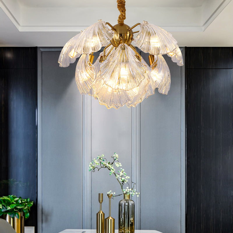 Shell Shape Chandelier Light Modernism Prism Glass 13/15 Lights Brass Ceiling Light, 23.5"/27" Wide Brass 23.5" Clearhalo 'Ceiling Lights' 'Chandeliers' 'Modern Chandeliers' 'Modern' Lighting' 223523