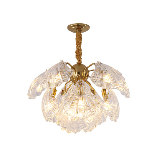 Shell Shape Chandelier Light Modernism Prism Glass 13/15 Lights Brass Ceiling Light, 23.5"/27" Wide Clearhalo 'Ceiling Lights' 'Chandeliers' 'Modern Chandeliers' 'Modern' Lighting' 223524