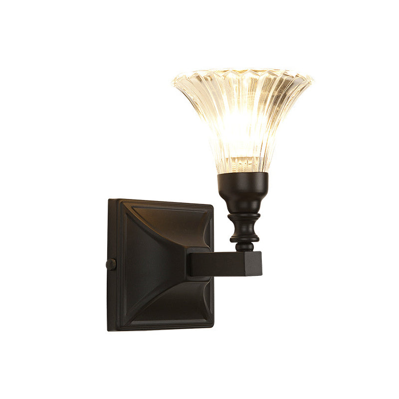 1-Light Wall Mount Lamp Retro Flower Clear Fluted Glass Sconce Light with Clean-Lined Arm in Black for Porch Clearhalo 'Wall Lamps & Sconces' 'Wall Lights' Lighting' 223529