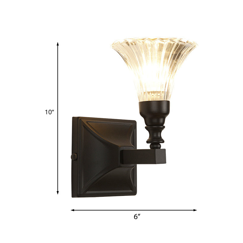 1-Light Wall Mount Lamp Retro Flower Clear Fluted Glass Sconce Light with Clean-Lined Arm in Black for Porch Clearhalo 'Wall Lamps & Sconces' 'Wall Lights' Lighting' 223530