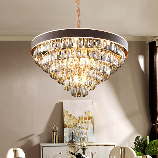 Tiered Crystal Block Chandelier Light Fixture 9/12 Lights Black-Gold Hanging Pendant Light, 19.5"/23.5" Wide Clearhalo 'Ceiling Lights' 'Chandeliers' 'Modern Chandeliers' 'Modern' Lighting' 223532