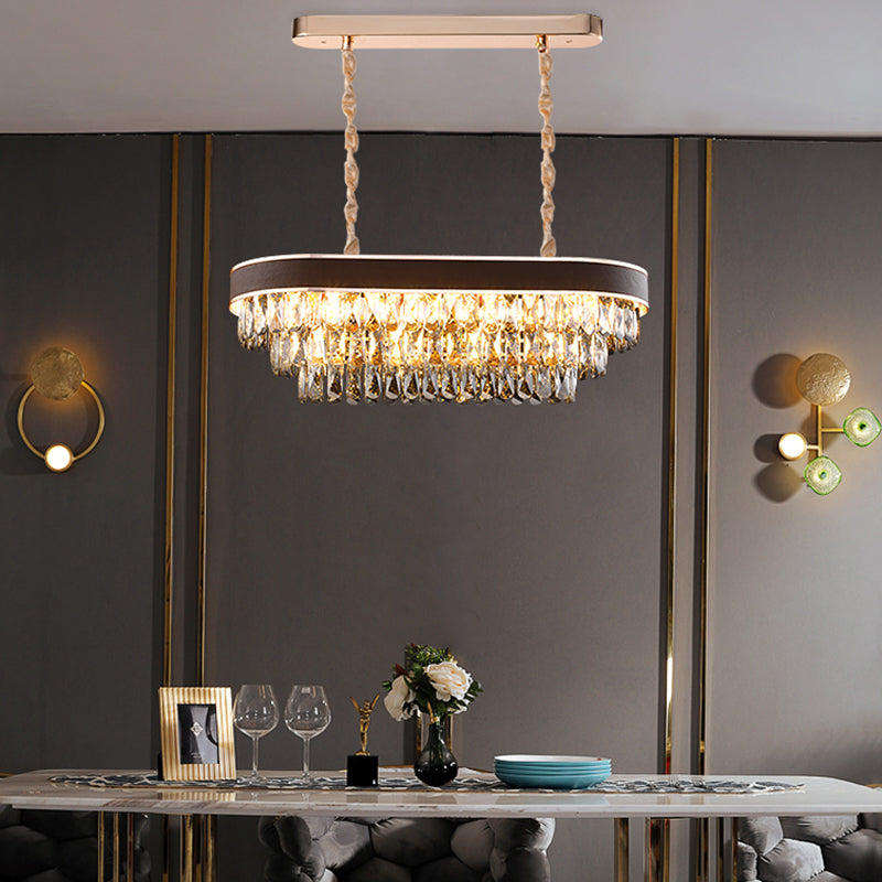 Oval Island lamp Contemporary Crystal Block 12 Lights Black-Gold Hanging Light Fixture Clearhalo 'Ceiling Lights' 'Island Lights' Lighting' 223541