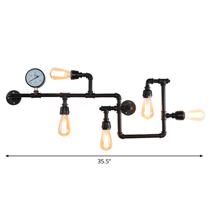 Water Pipe Iron Wall Lamp Rustic Style 5 Bulbs Restaurant Wall Light Fixture with Pressure Gauge Black Clearhalo 'Art deco wall lights' 'Cast Iron' 'Glass' 'Industrial wall lights' 'Industrial' 'Middle century wall lights' 'Modern' 'Rustic wall lights' 'Tiffany' 'Traditional wall lights' 'Wall Lamps & Sconces' 'Wall Lights' Lighting' 2235464