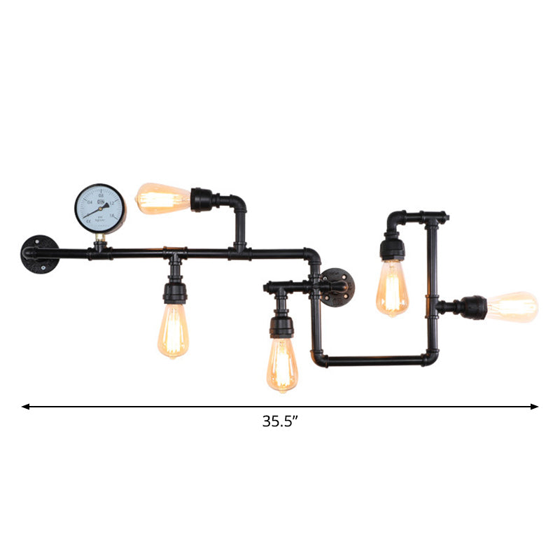 Water Pipe Iron Wall Lamp Rustic Style 5 Bulbs Restaurant Wall Light Fixture with Pressure Gauge Rust Clearhalo 'Art deco wall lights' 'Cast Iron' 'Glass' 'Industrial wall lights' 'Industrial' 'Middle century wall lights' 'Modern' 'Rustic wall lights' 'Tiffany' 'Traditional wall lights' 'Wall Lamps & Sconces' 'Wall Lights' Lighting' 2235465