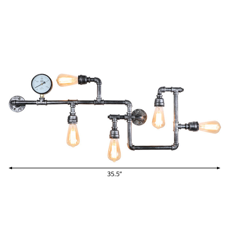 Water Pipe Iron Wall Lamp Rustic Style 5 Bulbs Restaurant Wall Light Fixture with Pressure Gauge Silver Gray Clearhalo 'Art deco wall lights' 'Cast Iron' 'Glass' 'Industrial wall lights' 'Industrial' 'Middle century wall lights' 'Modern' 'Rustic wall lights' 'Tiffany' 'Traditional wall lights' 'Wall Lamps & Sconces' 'Wall Lights' Lighting' 2235466