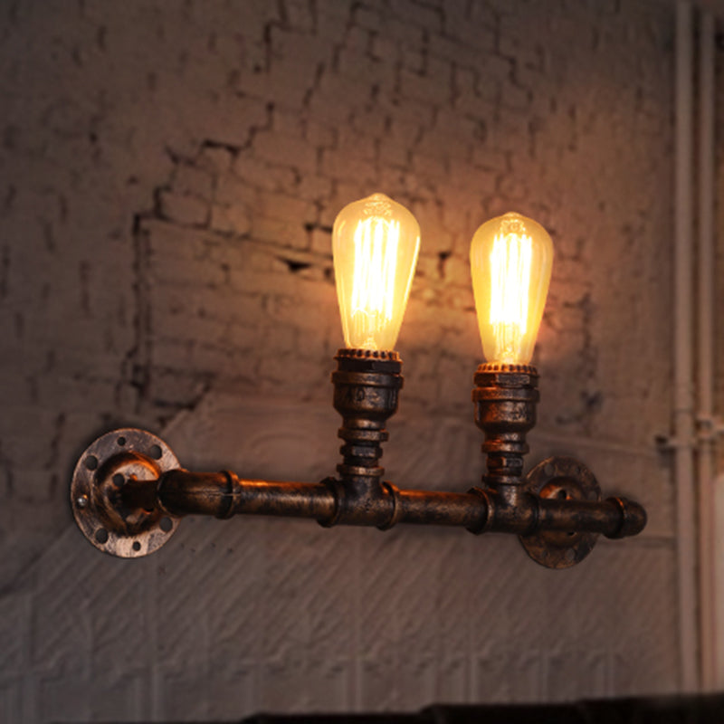 Plumbing Pipe Restaurant Wall Lamp Rustic Iron 2 Bulbs Bronze Wall Lighting Fixture Bronze Clearhalo 'Art deco wall lights' 'Cast Iron' 'Glass' 'Industrial wall lights' 'Industrial' 'Middle century wall lights' 'Modern' 'Rustic wall lights' 'Tiffany' 'Traditional wall lights' 'Wall Lamps & Sconces' 'Wall Lights' Lighting' 2235573