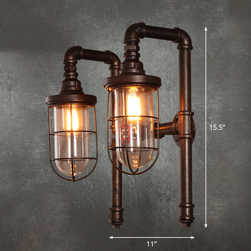 Rust Elongated Dome Wall Light Fixture Vintage Clear Glass 2 Heads Restaurant Piping Light with Metallic Cage Clearhalo 'Art deco wall lights' 'Cast Iron' 'Glass' 'Industrial wall lights' 'Industrial' 'Middle century wall lights' 'Modern' 'Rustic wall lights' 'Tiffany' 'Traditional wall lights' 'Wall Lamps & Sconces' 'Wall Lights' Lighting' 2235592