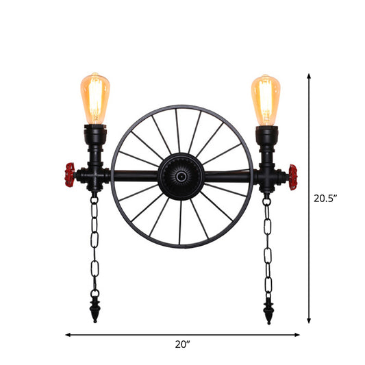 Wagon Wheel Restaurant Wall Light Retro Iron Restaurant Piping Light with Valve Decor in Black 2.0 Black Clearhalo 'Art deco wall lights' 'Cast Iron' 'Glass' 'Industrial wall lights' 'Industrial' 'Middle century wall lights' 'Modern' 'Rustic wall lights' 'Tiffany' 'Traditional wall lights' 'Wall Lamps & Sconces' 'Wall Lights' Lighting' 2235620