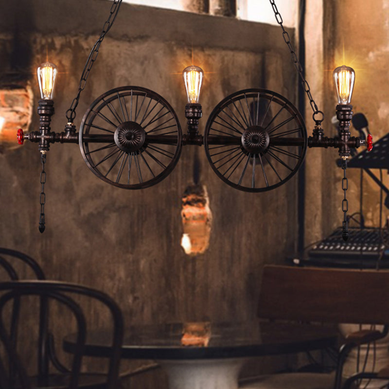 Wagon Wheel Metallic Pendant Light Antique 3 Heads Restaurant Hanging Island Light with Decorative Valve Clearhalo 'Ceiling Lights' 'Island Lights' Lighting' 2235638