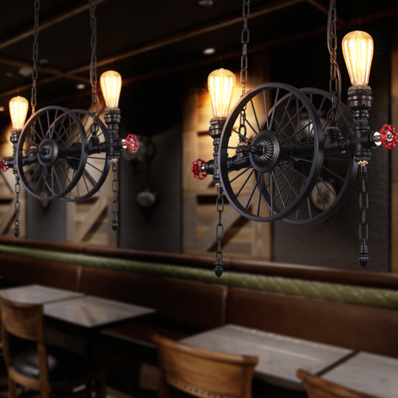 Wagon Wheel Metallic Pendant Light Antique 3 Heads Restaurant Hanging Island Light with Decorative Valve Black Clearhalo 'Ceiling Lights' 'Island Lights' Lighting' 2235639