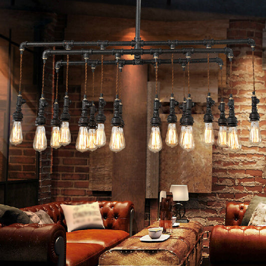 Industrial Plumbing Pipe LED Hanging Lamp Iron Island Chandelier Light in Black for Restaurant 18 Black Clearhalo 'Ceiling Lights' 'Island Lights' Lighting' 2235645