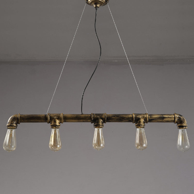 5 Heads Hanging Light Vintage Linear Pipe Iron Island Ceiling Light for Restaurant Bronze Clearhalo 'Ceiling Lights' 'Island Lights' Lighting' 2235649