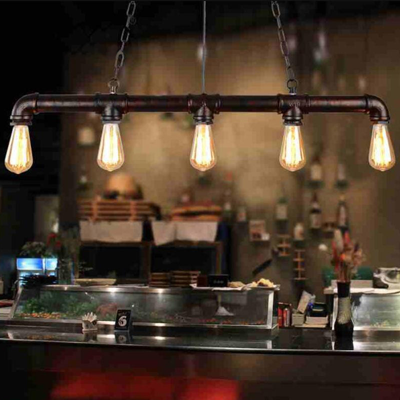 5 Heads Hanging Light Vintage Linear Pipe Iron Island Ceiling Light for Restaurant Clearhalo 'Ceiling Lights' 'Island Lights' Lighting' 2235652