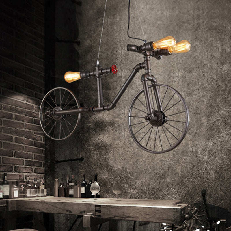 Iron Piping Bicycle Hanging Lamp Retro Style 3 Bulbs Restaurant Island Ceiling Light in Black Clearhalo 'Ceiling Lights' 'Island Lights' Lighting' 2235663