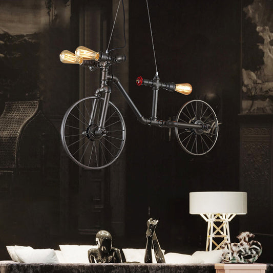 Iron Piping Bicycle Hanging Lamp Retro Style 3 Bulbs Restaurant Island Ceiling Light in Black Clearhalo 'Ceiling Lights' 'Island Lights' Lighting' 2235665