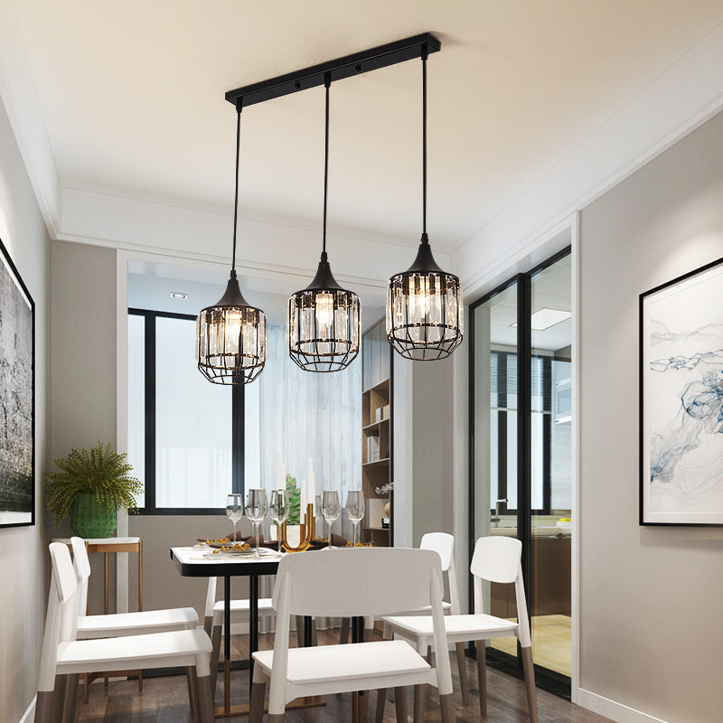 3 Light Dining Room Cluster Pendant Nordic Black Hanging Ceiling Light with Bottle/Cylinder/Urn Metal and Crystal Shade Clearhalo 'Ceiling Lights' 'Modern Pendants' 'Modern' 'Pendant Lights' 'Pendants' Lighting' 223567