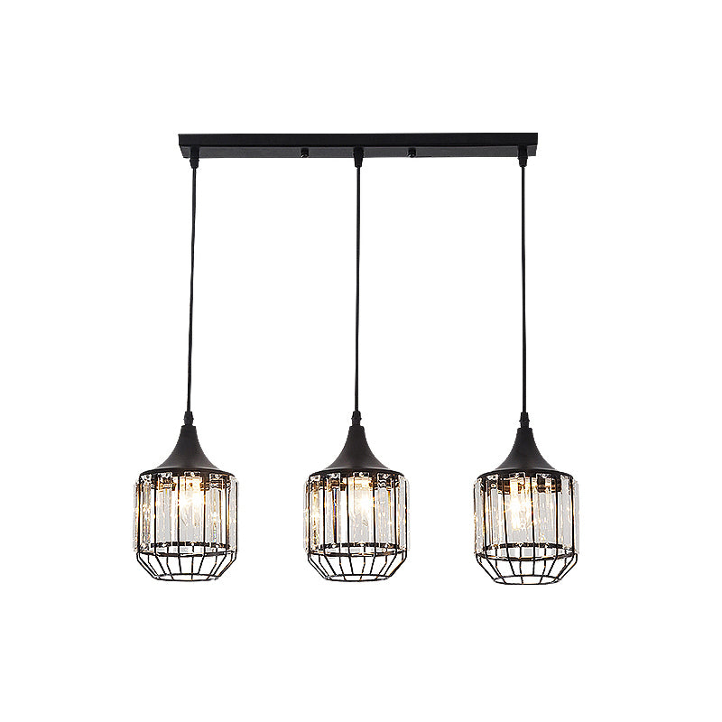 3 Light Dining Room Cluster Pendant Nordic Black Hanging Ceiling Light with Bottle/Cylinder/Urn Metal and Crystal Shade Clearhalo 'Ceiling Lights' 'Modern Pendants' 'Modern' 'Pendant Lights' 'Pendants' Lighting' 223568