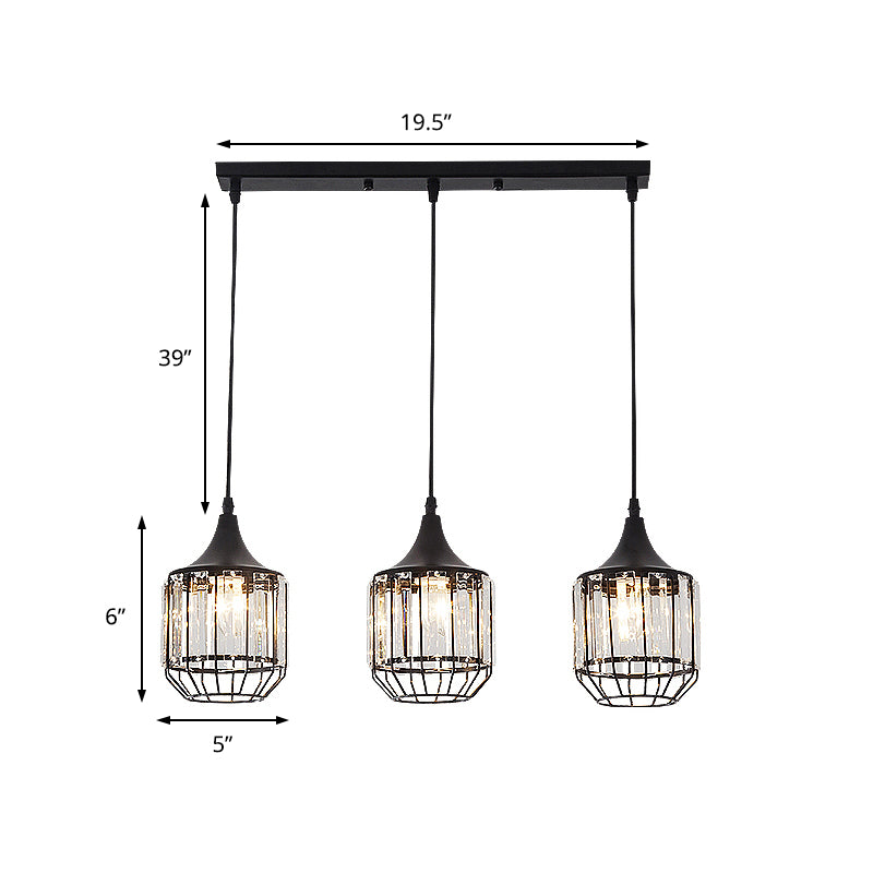 3 Light Dining Room Cluster Pendant Nordic Black Hanging Ceiling Light with Bottle/Cylinder/Urn Metal and Crystal Shade Clearhalo 'Ceiling Lights' 'Modern Pendants' 'Modern' 'Pendant Lights' 'Pendants' Lighting' 223569