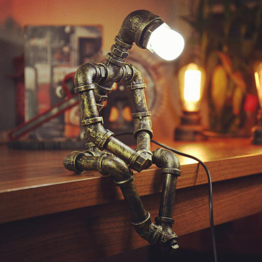 1 Head Nightstand Lamp Rustic Pipe Robot Iron Nightstand Lighting in Bronze for Cafe Bronze Clearhalo 'Lamps' 'Table Lamps' Lighting' 2235691