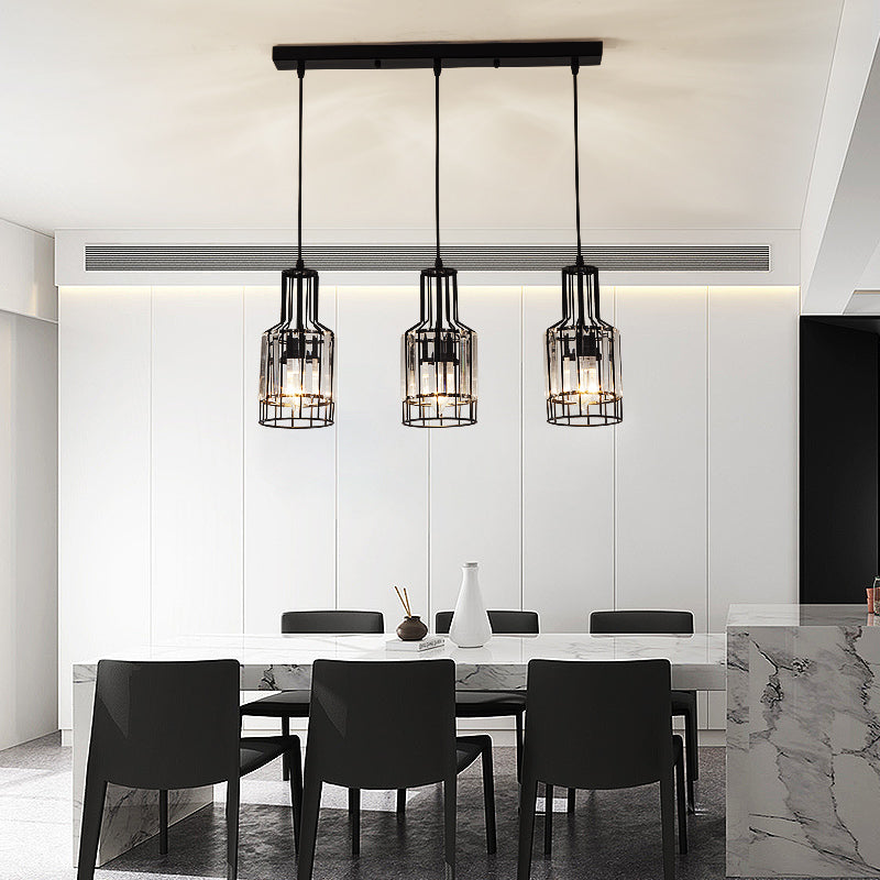 3 Light Dining Room Cluster Pendant Nordic Black Hanging Ceiling Light with Bottle/Cylinder/Urn Metal and Crystal Shade Black Bottle Clearhalo 'Ceiling Lights' 'Modern Pendants' 'Modern' 'Pendant Lights' 'Pendants' Lighting' 223570