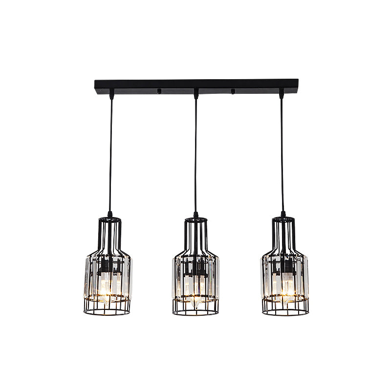 3 Light Dining Room Cluster Pendant Nordic Black Hanging Ceiling Light with Bottle/Cylinder/Urn Metal and Crystal Shade Clearhalo 'Ceiling Lights' 'Modern Pendants' 'Modern' 'Pendant Lights' 'Pendants' Lighting' 223571