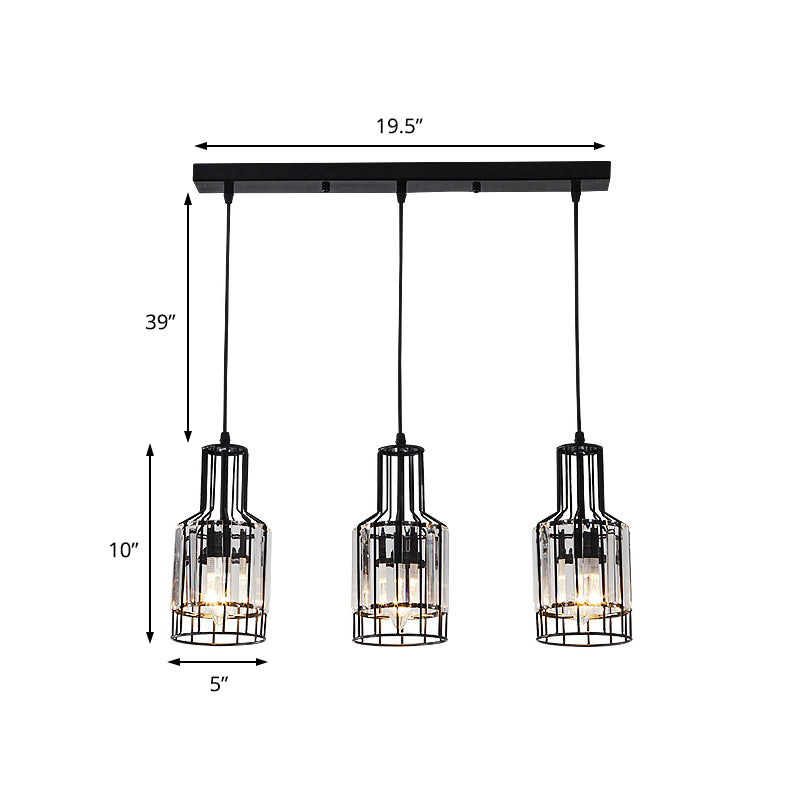 3 Light Dining Room Cluster Pendant Nordic Black Hanging Ceiling Light with Bottle/Cylinder/Urn Metal and Crystal Shade Clearhalo 'Ceiling Lights' 'Modern Pendants' 'Modern' 'Pendant Lights' 'Pendants' Lighting' 223572