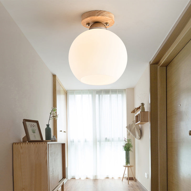 Shaded Entryway Flush Mount Lighting White Glass Nordic LED Flush Ceiling Light Fixture with Wooden Canopy Clearhalo 'Ceiling Lights' 'Close To Ceiling Lights' 'Close to ceiling' 'Flush mount' Lighting' 2235900