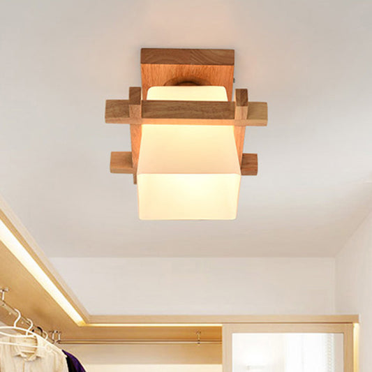 Square Flush Ceiling Light Japanese Wood Corridor Flush Mount Lighting with White Glass Shade Clearhalo 'Ceiling Lights' 'Close To Ceiling Lights' 'Close to ceiling' 'Flush mount' Lighting' 2235944