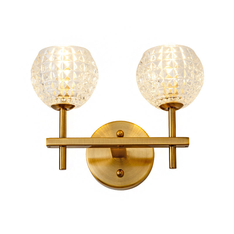 1/2-Light Wall Sconce Modern Orb Clear Grid Glass Sconce Light with Clean-Lined Arm in Gold for Hallway Clearhalo 'Wall Lamps & Sconces' 'Wall Lights' Lighting' 223595