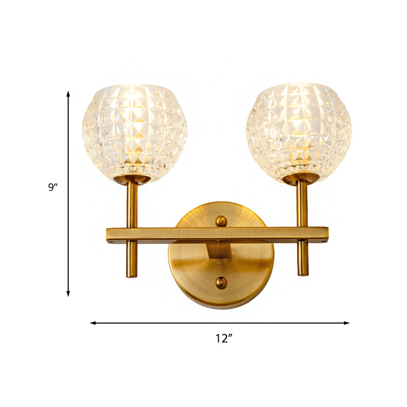 1/2-Light Wall Sconce Modern Orb Clear Grid Glass Sconce Light with Clean-Lined Arm in Gold for Hallway Clearhalo 'Wall Lamps & Sconces' 'Wall Lights' Lighting' 223596