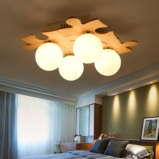 Japanese Round Flush Mount Lighting White Glass 4 Bulbs Bedroom Flush Ceiling Light Fixture with Wooden Decor White A Clearhalo 'Ceiling Lights' 'Close To Ceiling Lights' 'Close to ceiling' 'Flush mount' Lighting' 2235964