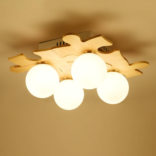 Japanese Round Flush Mount Lighting White Glass 4 Bulbs Bedroom Flush Ceiling Light Fixture with Wooden Decor Clearhalo 'Ceiling Lights' 'Close To Ceiling Lights' 'Close to ceiling' 'Flush mount' Lighting' 2235965