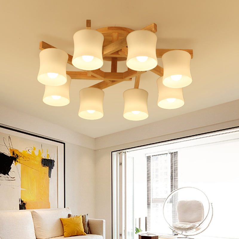 White Glass Shaded Semi Flush Mount Japanese Close To Ceiling Chandelier with Wooden Canopy Clearhalo 'Ceiling Lights' 'Close To Ceiling Lights' 'Close to ceiling' 'Glass shade' 'Glass' 'Semi-flushmount' Lighting' 2235975