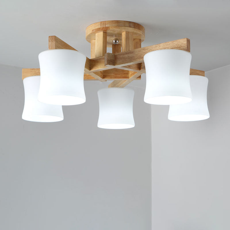 White Glass Shaded Semi Flush Mount Japanese Close To Ceiling Chandelier with Wooden Canopy 5 White Clearhalo 'Ceiling Lights' 'Close To Ceiling Lights' 'Close to ceiling' 'Glass shade' 'Glass' 'Semi-flushmount' Lighting' 2235977