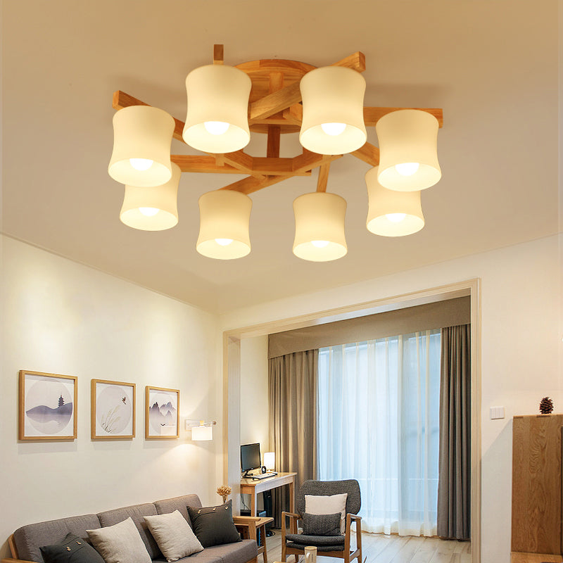 White Glass Shaded Semi Flush Mount Japanese Close To Ceiling Chandelier with Wooden Canopy Clearhalo 'Ceiling Lights' 'Close To Ceiling Lights' 'Close to ceiling' 'Glass shade' 'Glass' 'Semi-flushmount' Lighting' 2235978
