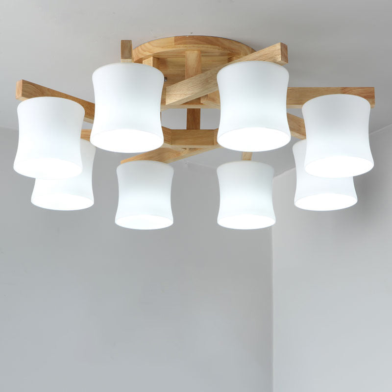 White Glass Shaded Semi Flush Mount Japanese Close To Ceiling Chandelier with Wooden Canopy 8 White Clearhalo 'Ceiling Lights' 'Close To Ceiling Lights' 'Close to ceiling' 'Glass shade' 'Glass' 'Semi-flushmount' Lighting' 2235979